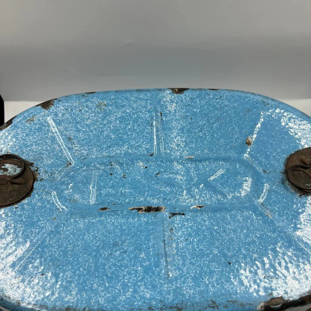 Antique Turquoise Cornflower Blue Large Roaster Rack Enamelware On Steel 4 Piece